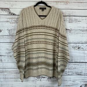 Mens VTG 90s EUC Liberty Sweaters Neutral Tan Geometric V Neck Pullover USA XL